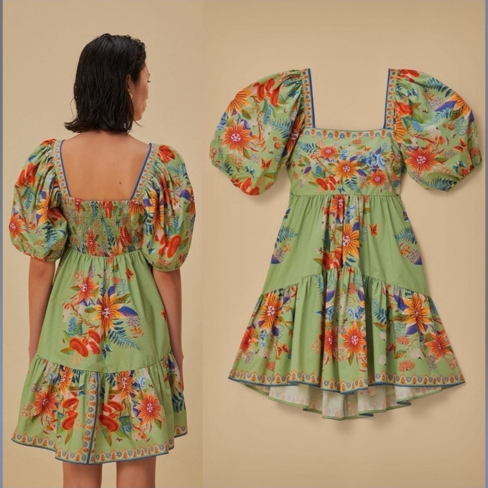FARM Rio Green Floral Puff-Sleeve Mini Dress - Picture 6 of 16